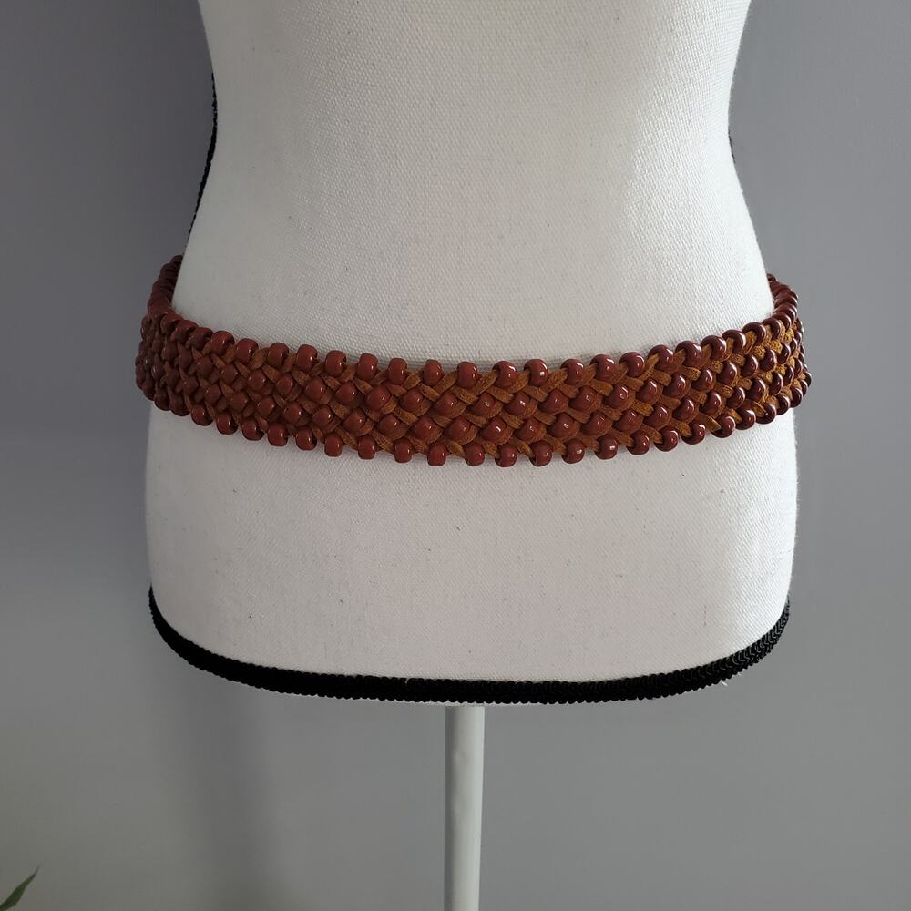 Vintage Brown Beaded Leather Tie Tassel Belt